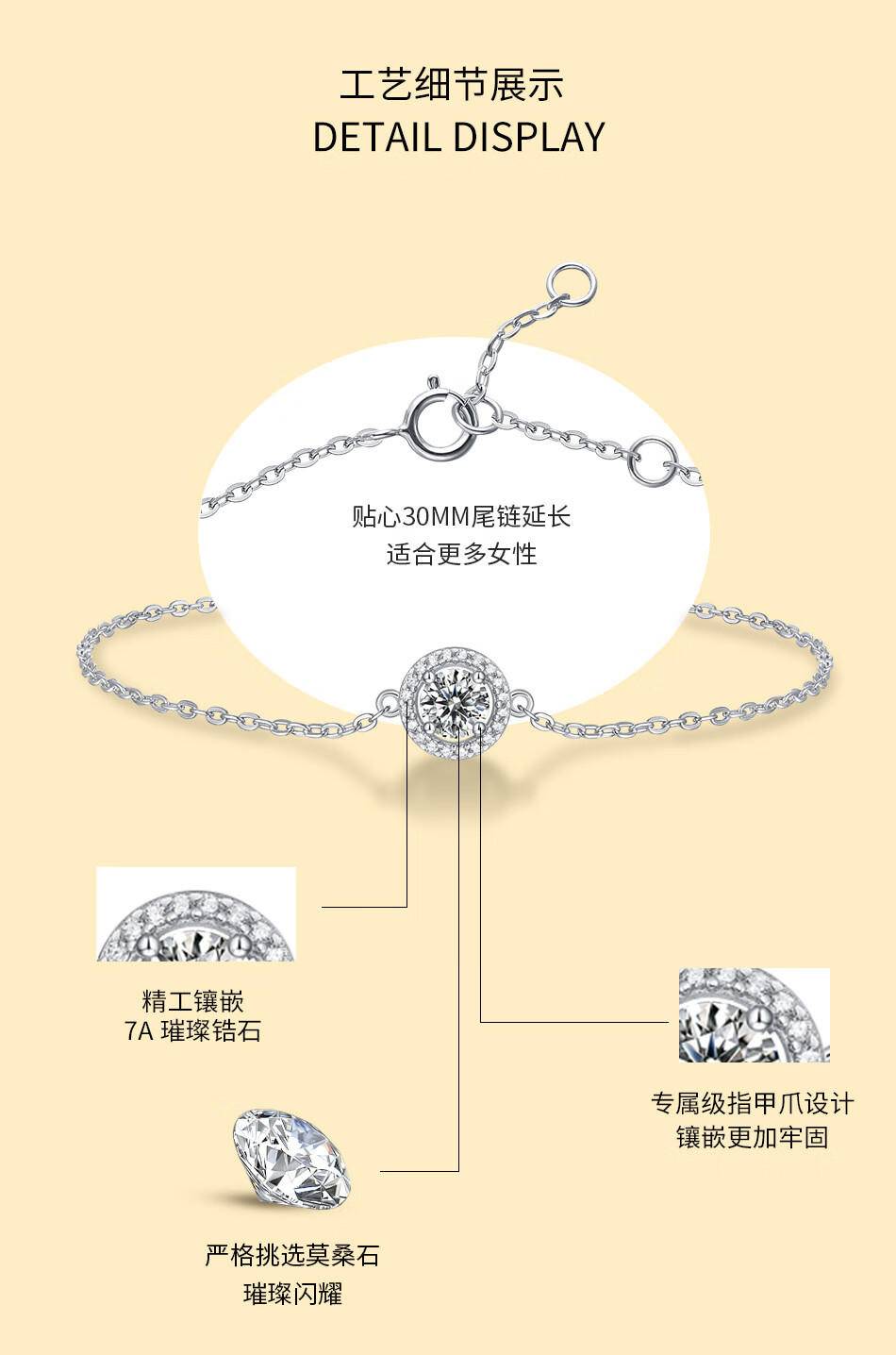 周六福925银镶嵌莫桑石圆形手链小众轻奢设计手链