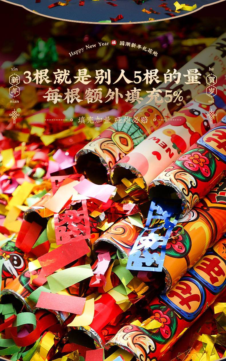 龙年2024新款手持礼炮新年喷彩带礼花筒春节过年元旦—福到我家_金葱