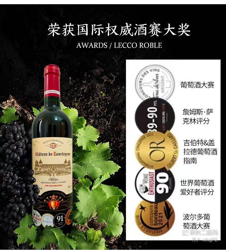 逸金酒业 法国左岸中级庄2020年份腾龙城堡干红葡萄酒波尔多AOC上万家酒庄名列前300名