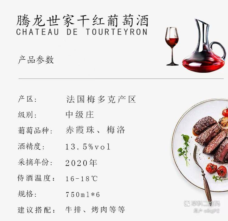 逸金酒业 法国左岸中级庄2020年份腾龙城堡干红葡萄酒波尔多AOC上万家酒庄名列前300名