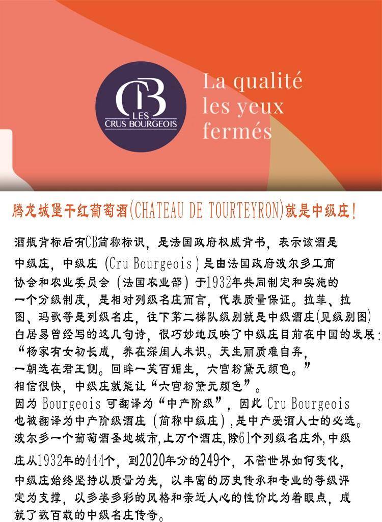 逸金酒业 法国左岸中级庄2020年份腾龙城堡干红葡萄酒波尔多AOC上万家酒庄名列前300名