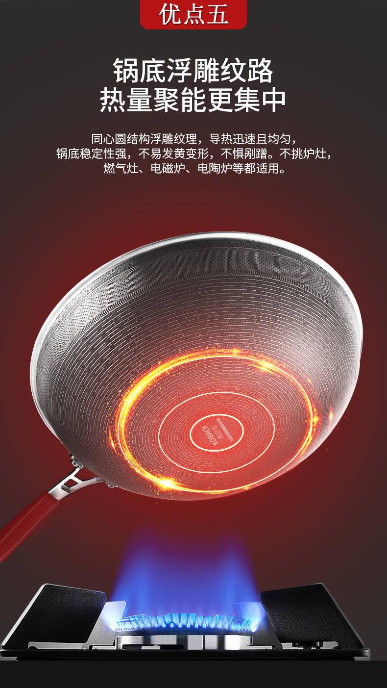 康巴赫不锈钢炒锅不粘锅32cm蜂窝平底炒菜锅电磁炉燃气灶明火通用 316L不锈钢红点炒锅